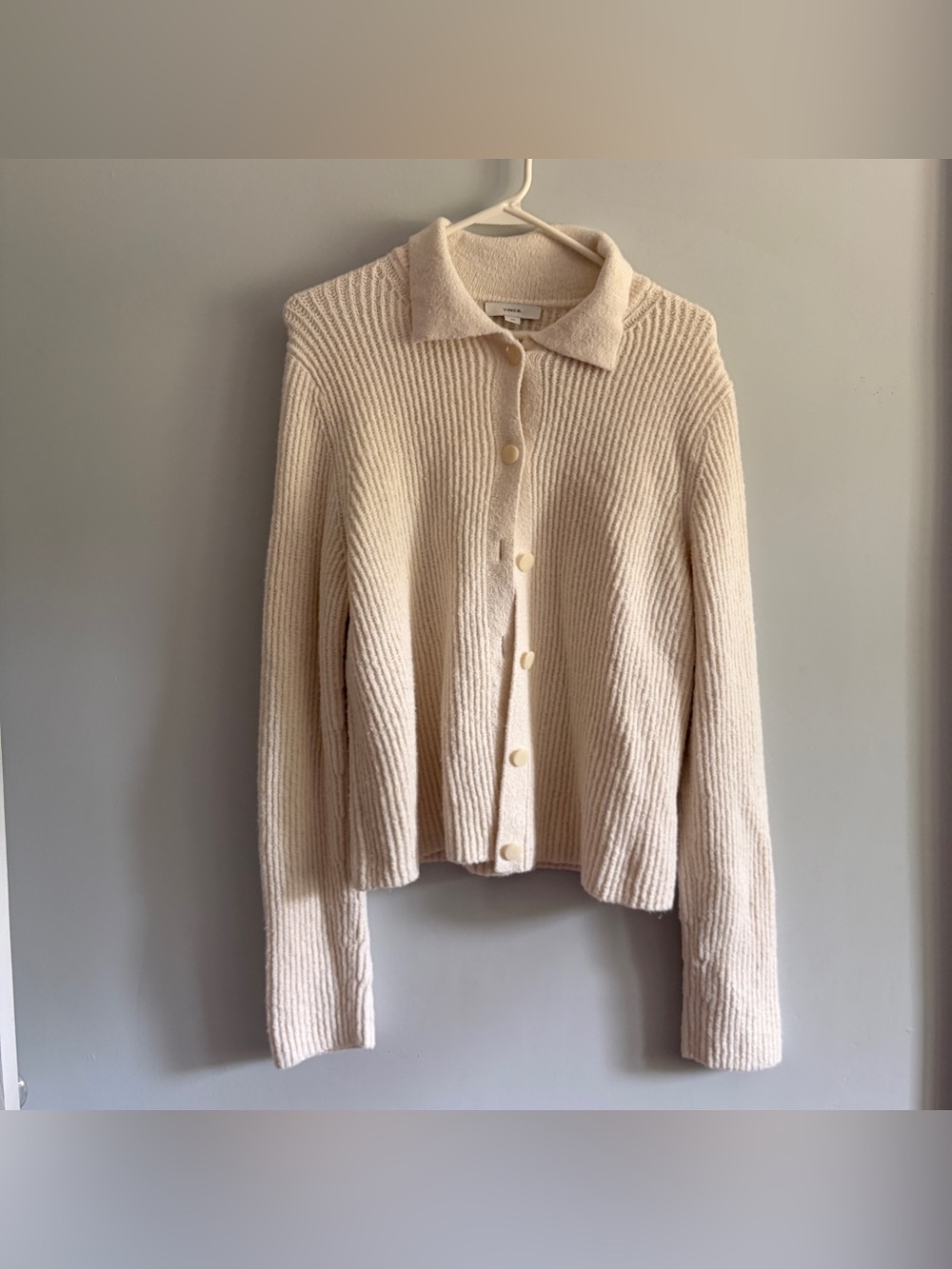Vince Cream Ribbed Button-Up Sweater Large